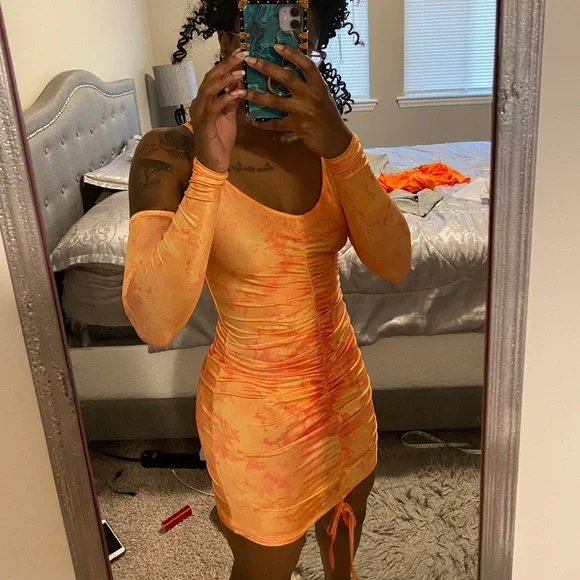 open lace back dress Final Sale Plus Size Bodycon Dress w/ Mid Sleeves and Tie in Green, Orange, Blue Tie Dye main image 0